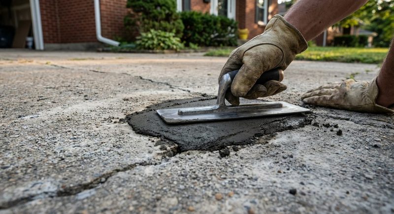 Concrete driveway crack repair in progress in Spartanburg SC