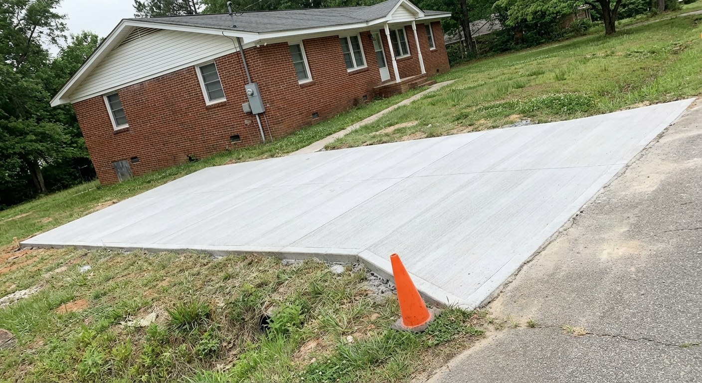 New residential concrete driveway at brick ranch home in Gaffney SC Cherokee County
