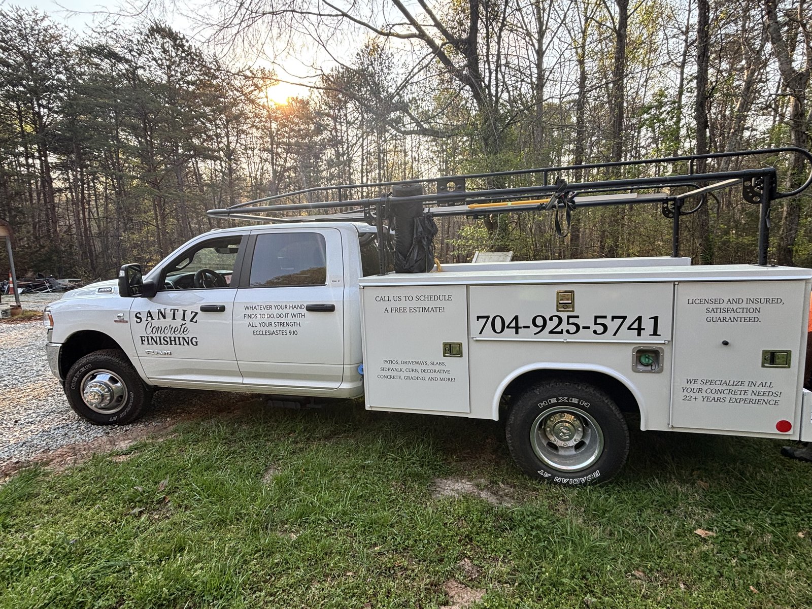 Santiz Concrete Finishing truck serving Gastonia NC with concrete driveway, patio, and curb services
